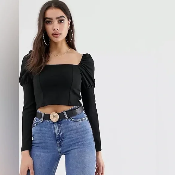 ASOS Design Black Puff Sleeve Long Sleeve Crop Top (Size 0) - Picture 8 of 8